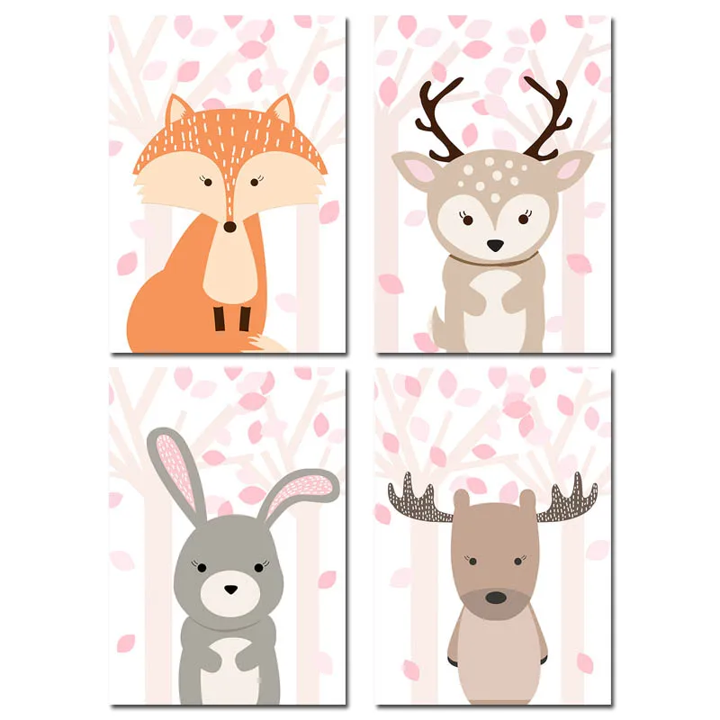 Kawaii Лесной животных стены искусства холст плакат Лес животных печати живопись скандинавские украшения картина Дети украшения спальни - Цвет: 4 pcs Set