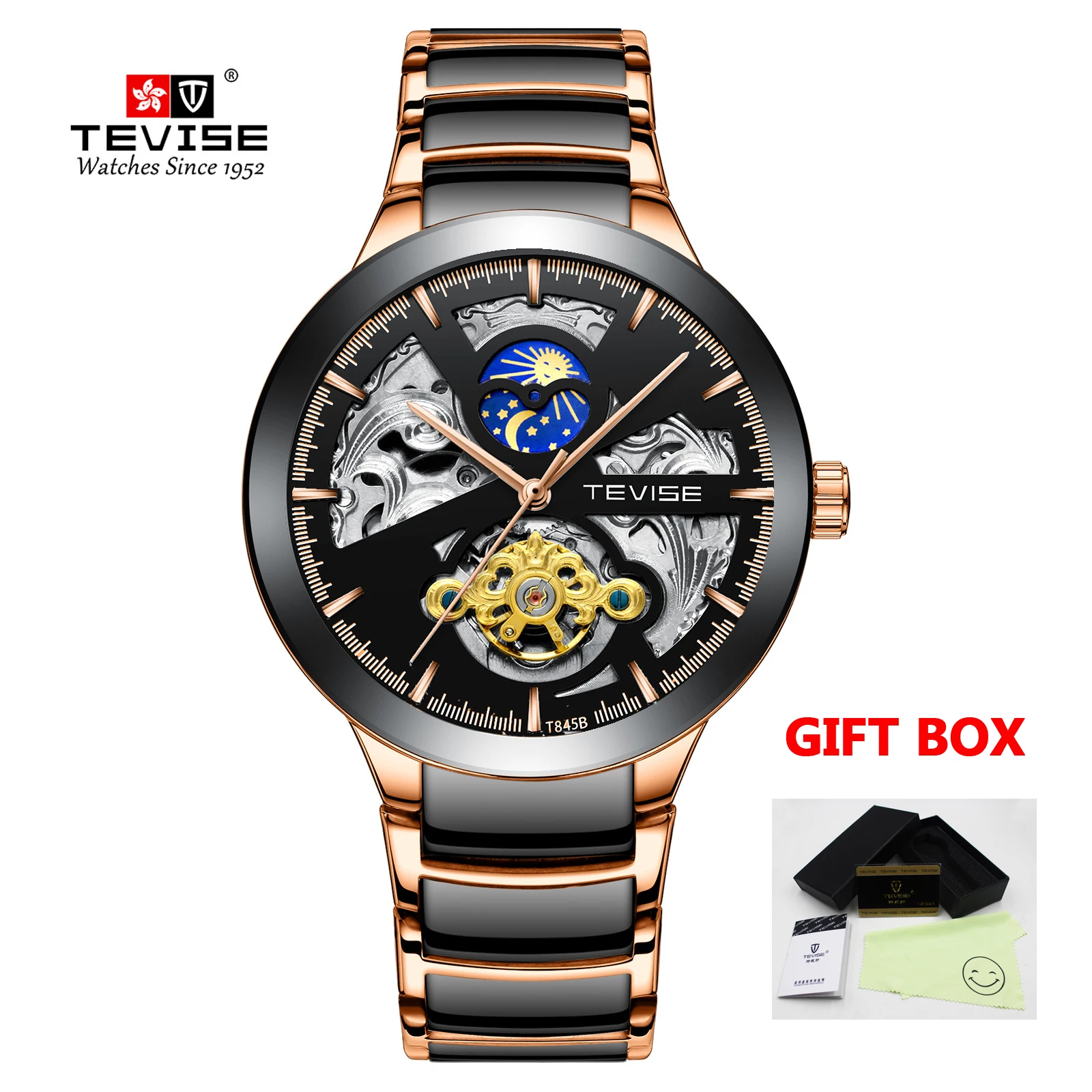 rose gold black Tevise мужские часы лучший бренд класса люкс автоматические деловые для мужчин с автоподзаводом Tourbillon мужской наручные Relogio Masculino - Цвет: rose gold black