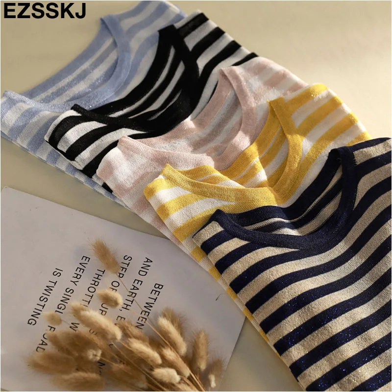 thin summer striped knit t-shirt Women short sleeve T-Shirt bling O-neck cool Glitter Basic t-shirt sexy shiny top