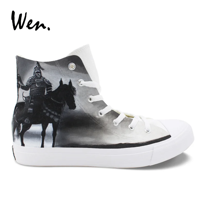

Wen White Canvas Vulcanize Shoes Hand Painted Sneakers Knight Warrior Horse Design Personalized Casual Flat Laced High Loafers