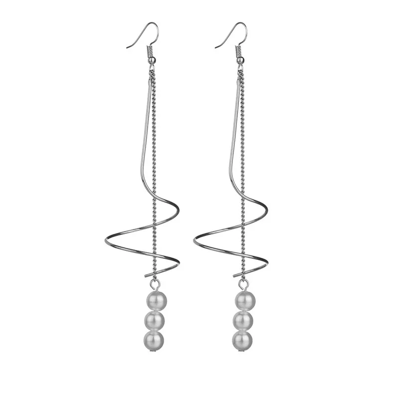 Classical Kpop Accessories Silver Gold Long Earrings Pearl Wrap Spiral Drop For Women Summer 2018 DropShipping | Украшения и