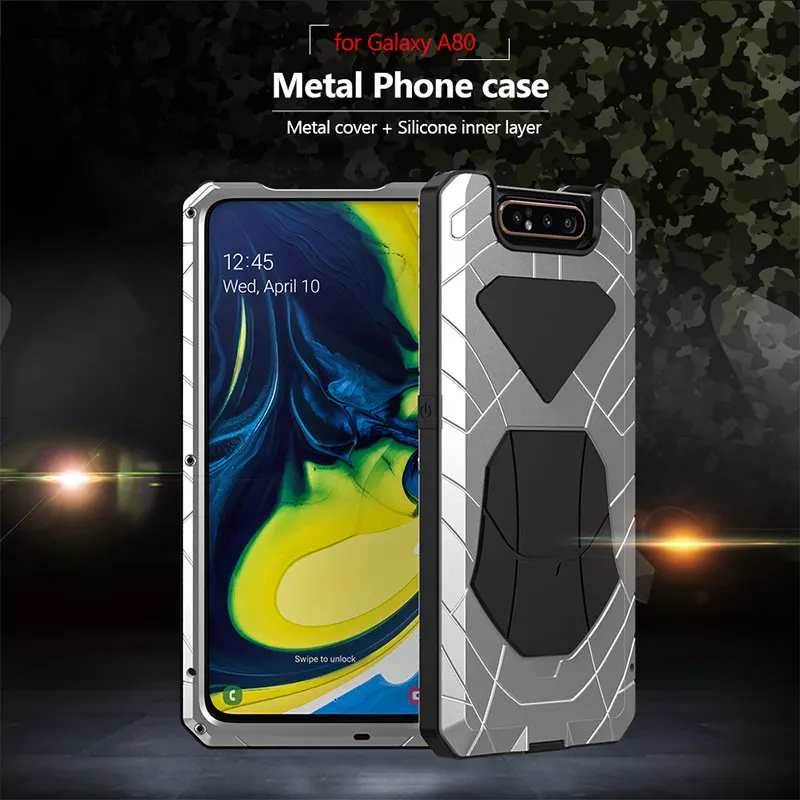 For Samsung Galaxy A80 Phone Case Hard Aluminum Metal Tempered Glass Screen Gift Protector Cover Heavy Duty Protection Cover