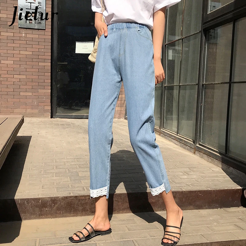 Jielur Chic S 5XL Kawaii кружево джинсы Mujer 2020 в Корейском стиле короткие синие с высокой