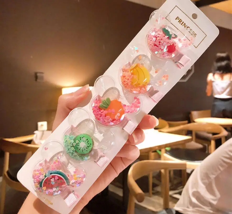 

5Pcs/Set Girls Fruit PU with colorful Sequin filler Princess Shiny Colorful Hair Clips Sweet Headwear Hair Accessories J102