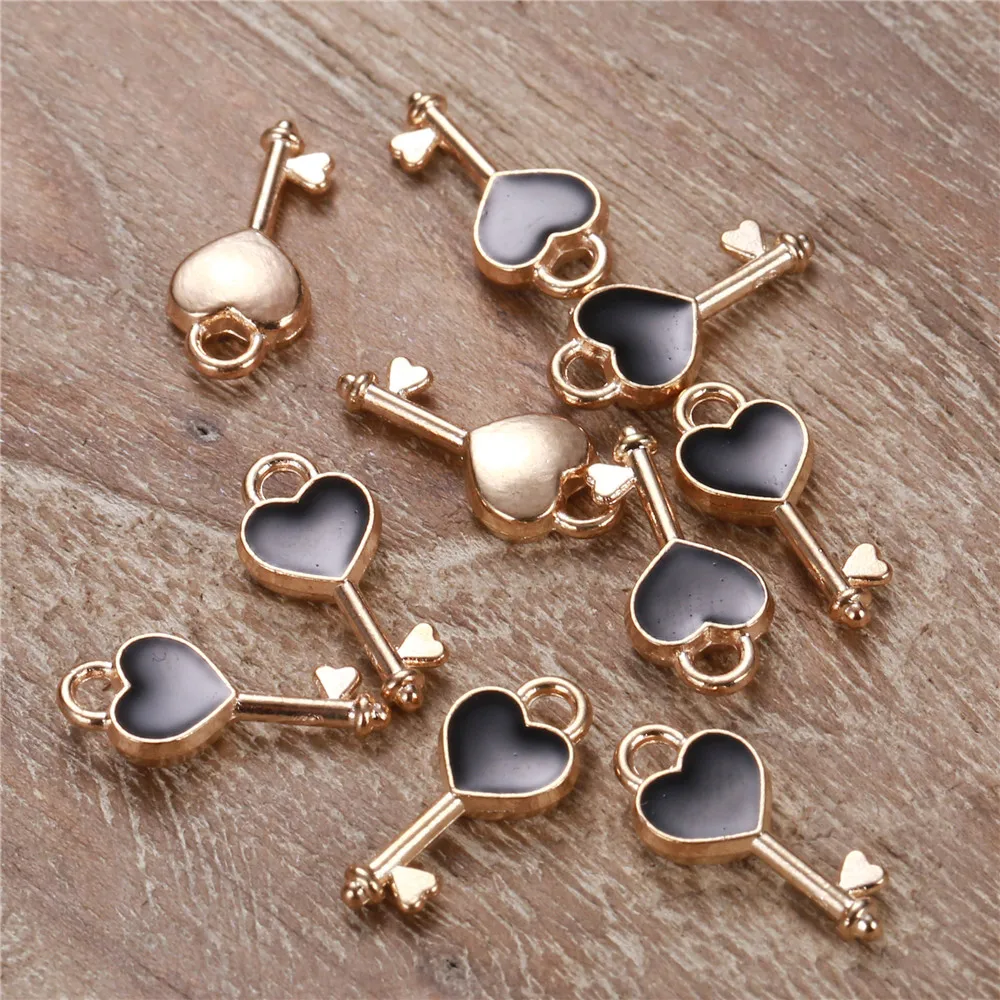 10PCS Wholesale Alloy Simple Design Black Enamel Heart Key Charms for Jewelry DIY Making Key Accessories images - 6