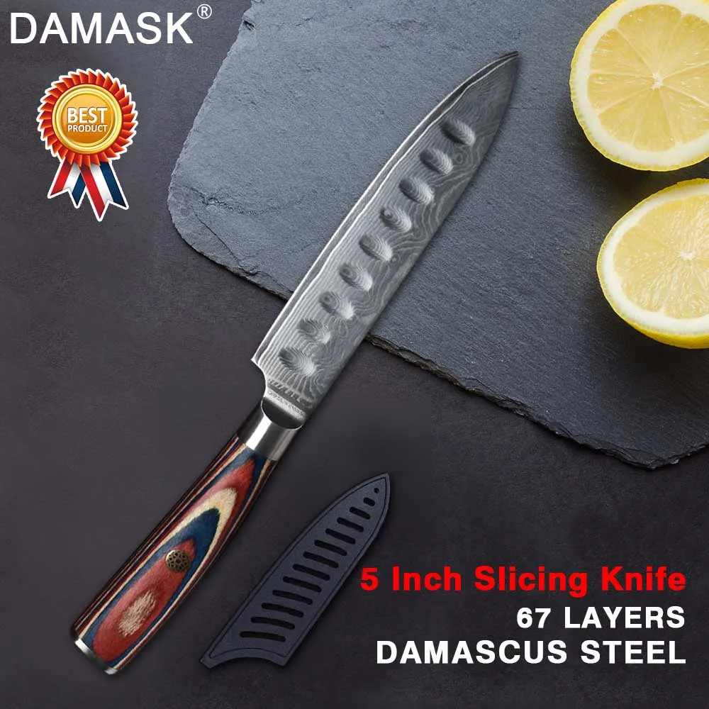 Slicing Дамасский кухонный нож дамасский поварской нож овощи Фрукты Мясо суши аксессуары для готовки волнистый узор цветок ручка для ногтей Кливер - Цвет: Slicing