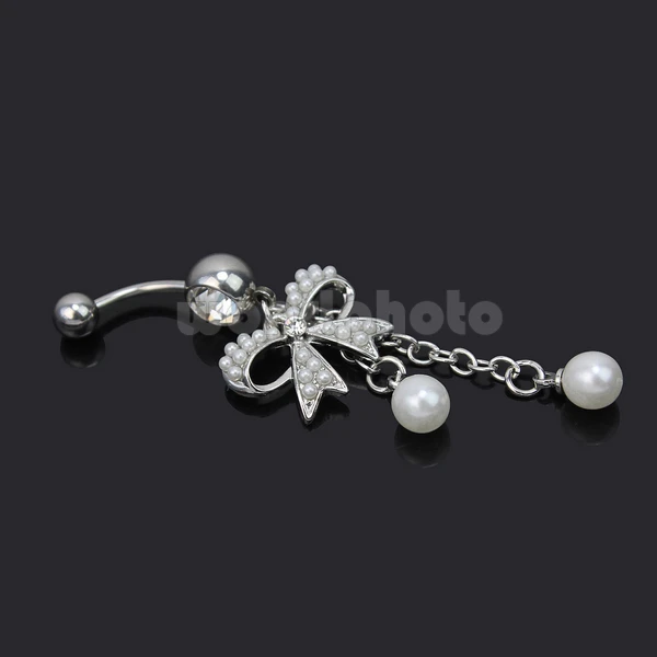 2017 New Pretty 316L Stainless Steel Pearl Butterfly Bow Belly Navel Ring Dangle Jewelry |