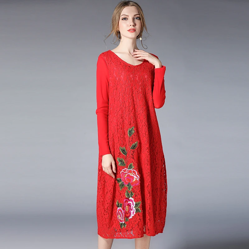 

Spring Lace Dress 2020 Vestido Women Flower Dress Plus Size Basic Dress Long Sleeve Solid Embroidery Red Black Loose Dress big