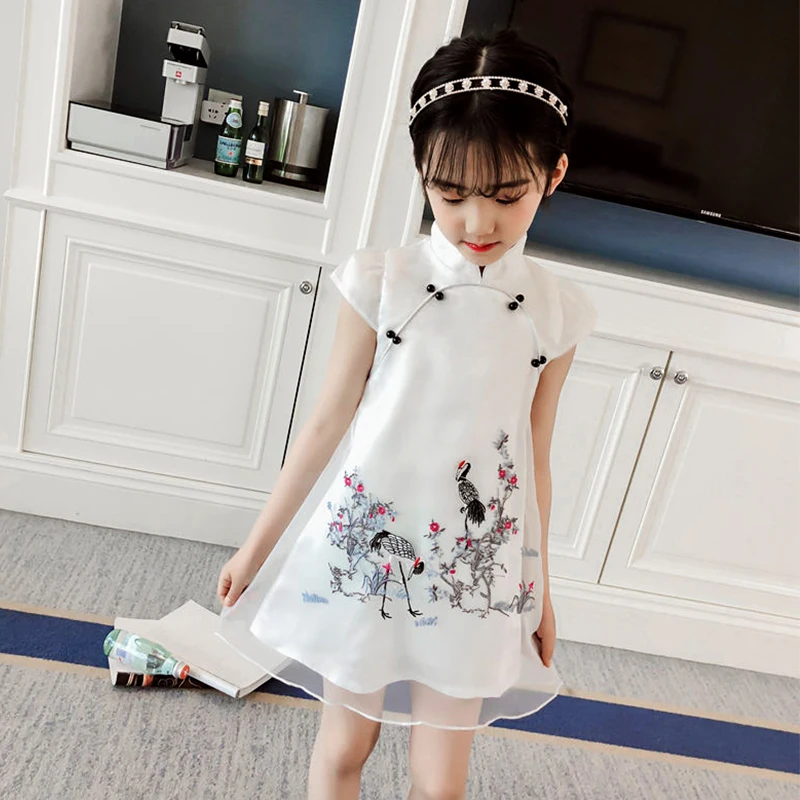 

Children qipao dress traditional chinese dress flower girls cheongsam for kids princess crane print mesh turtleneck clothes 2019