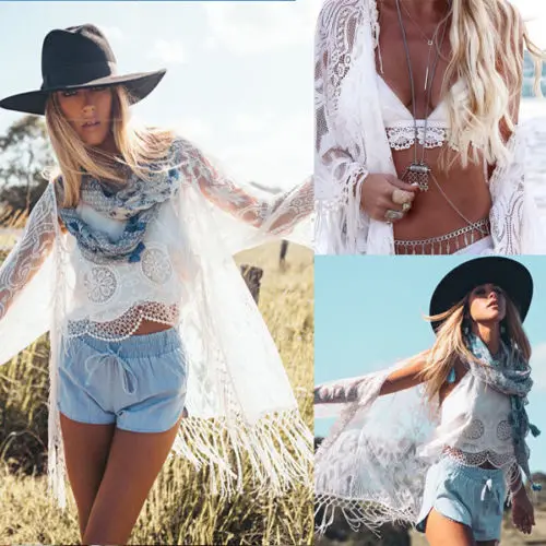 2018 Brand New Women's Bathing Suit Lace Floral Bikini Swimwear Cover Up Cardigan Beach Tassel Tops Clothes |