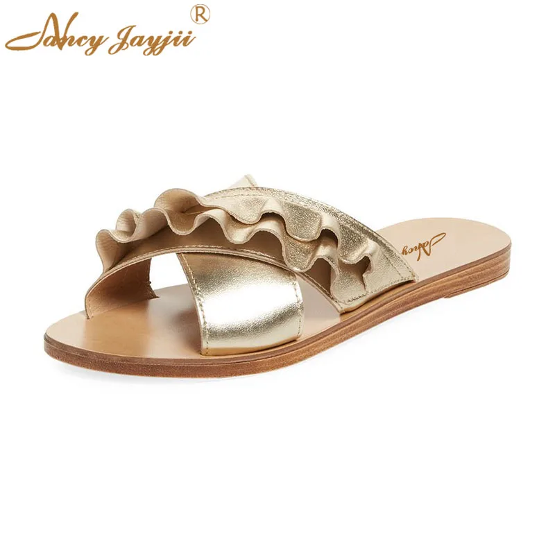 Женская обувь женские шлепанцы с твердыми оборками на плоской подошве внешней и