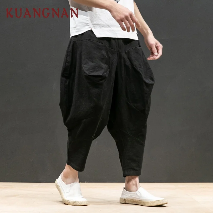 KUANGNAN Japan Style Linen Wide Leg Pants Men Jogger Japanese Streetwear Joggers Men Pants Hip Hop Trousers Men Pants