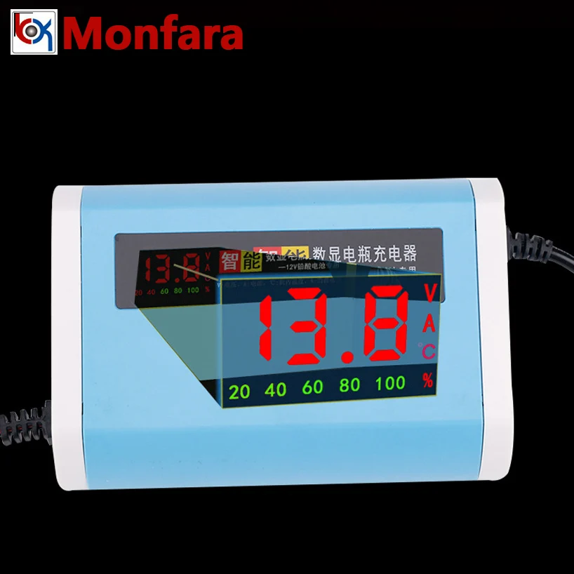 

12V 6A LCD Digital Display Car Battery Charger for 12 Volt 20 to 120 AMP Automotive Motorcycle Lead-Acid AGM GEL Batteries 220V