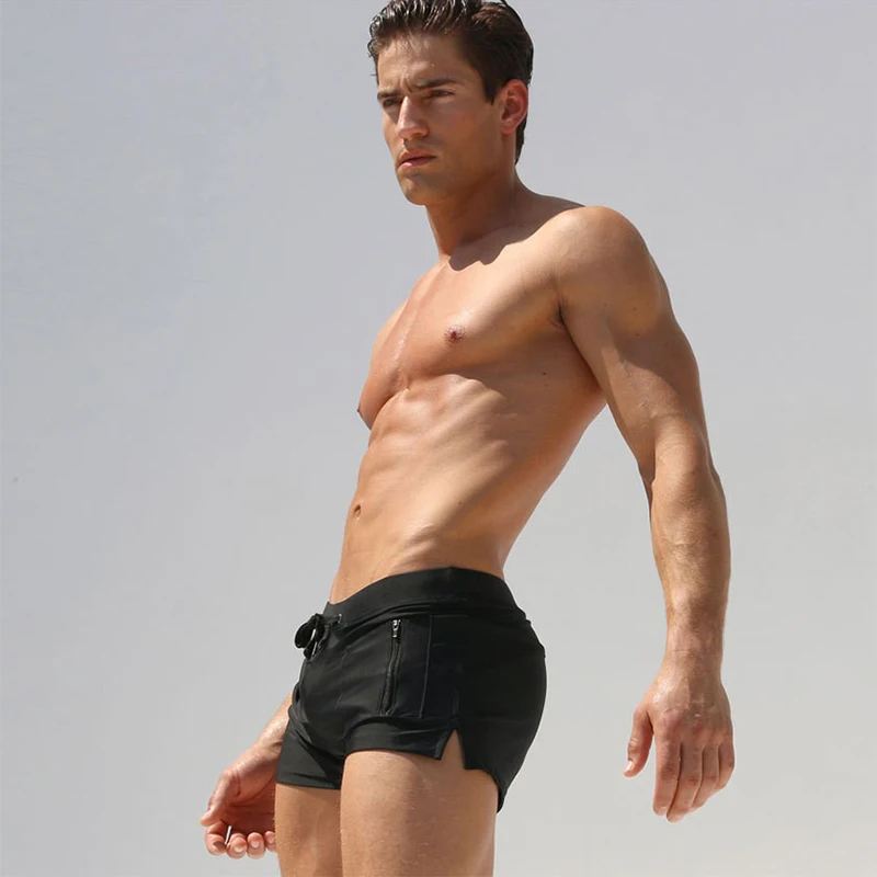 Мужские плавки на молнии спереди серые с карманами пляжные одежда для плавания |