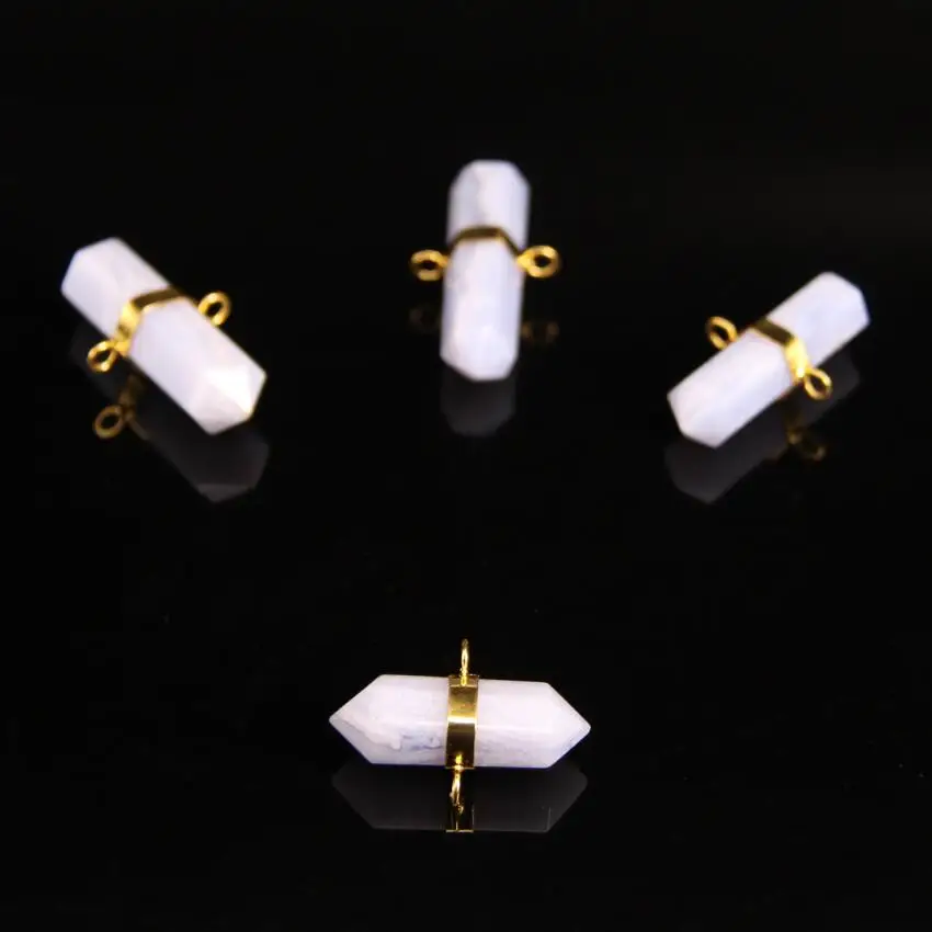 

5pcs/lot Blue Chalcedony Faceted Double Point Pendant,Gold Plateds Natural Purple Lace Agates Hexagon Points Stick Connectors
