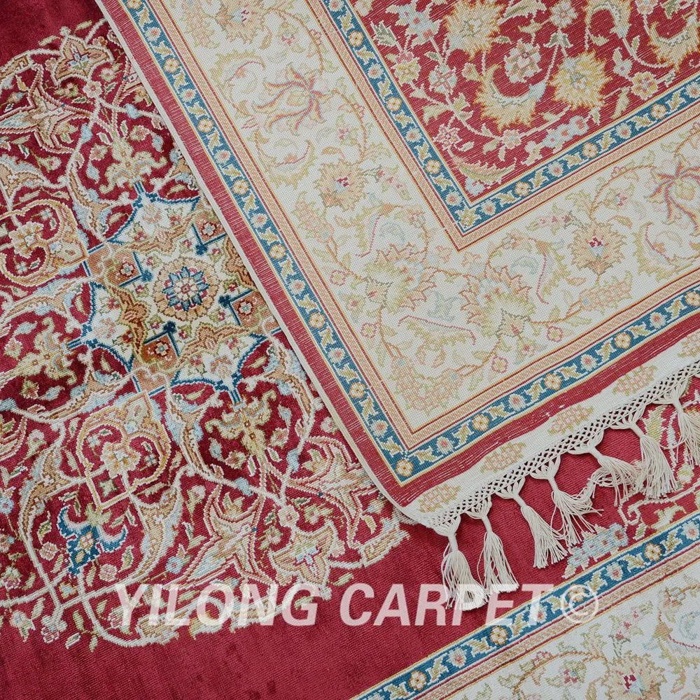 Yilong 4' x 6' Кум ковер традиционный Тебриз красный ковёр искусственный шелк