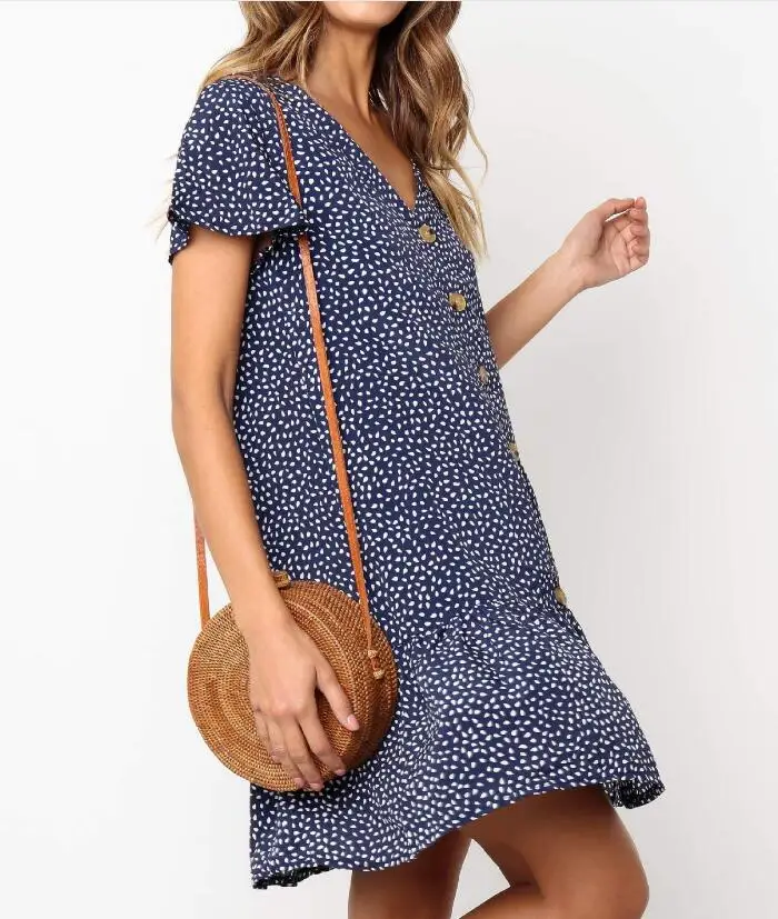 Элегантное модное платье в горошек свободное с оборками летнее сексуальное