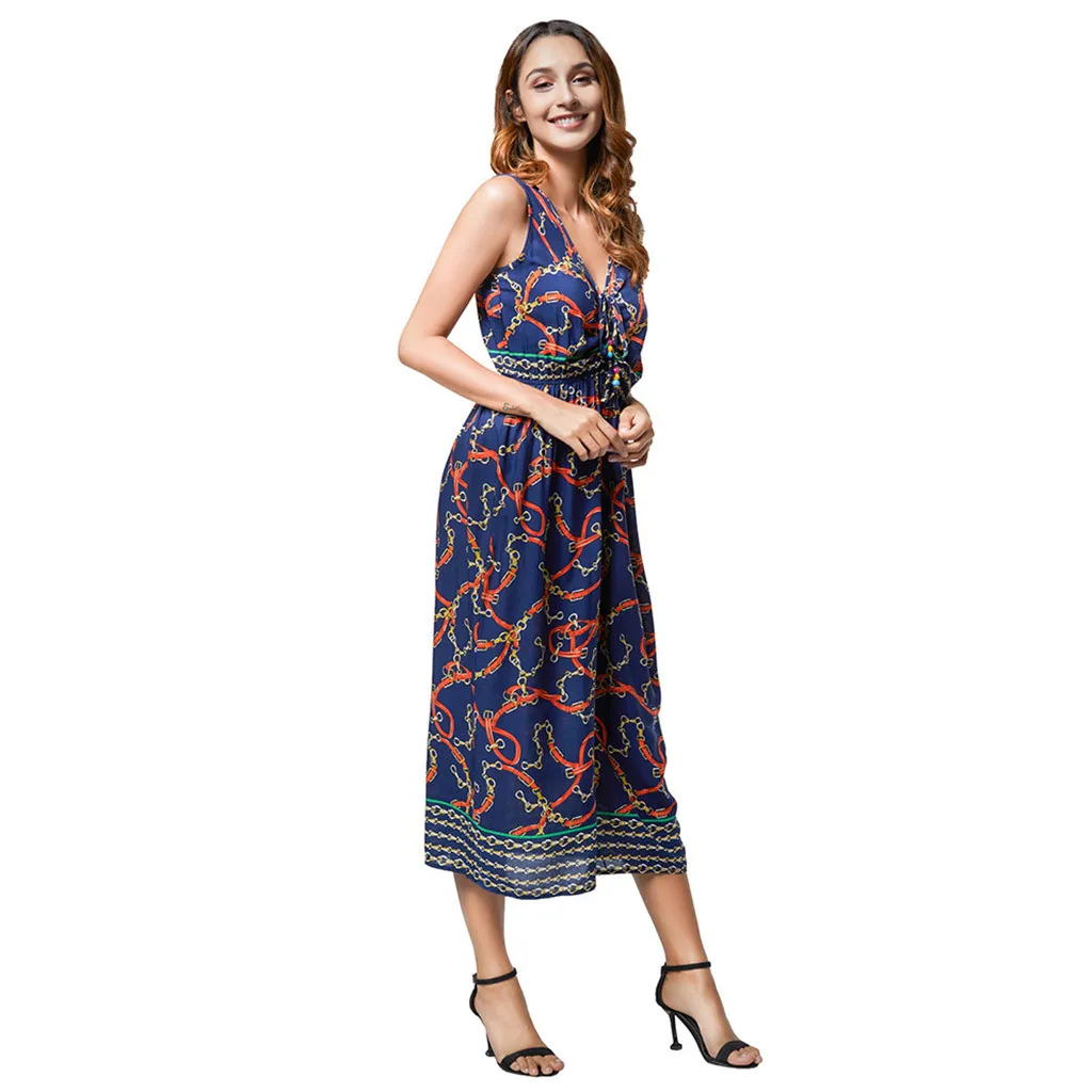 Женское платье без рукавов в богемном стиле Элегантное летнее с принтом лето 2019 |