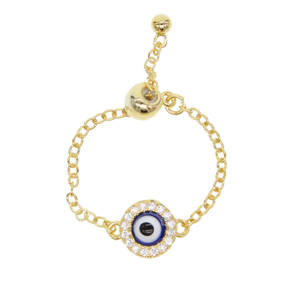 

simple round enamel blue evil eye charm gold link chain adjusted lucky ring for women
