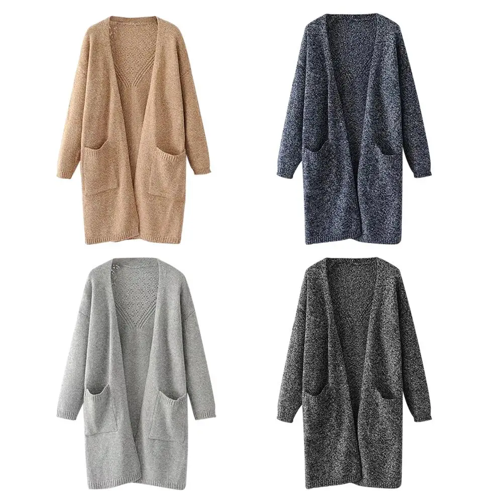 Autumn and Winter Women's Back Hollow-out Midi-length Big Pocket Knitted Cardigan |