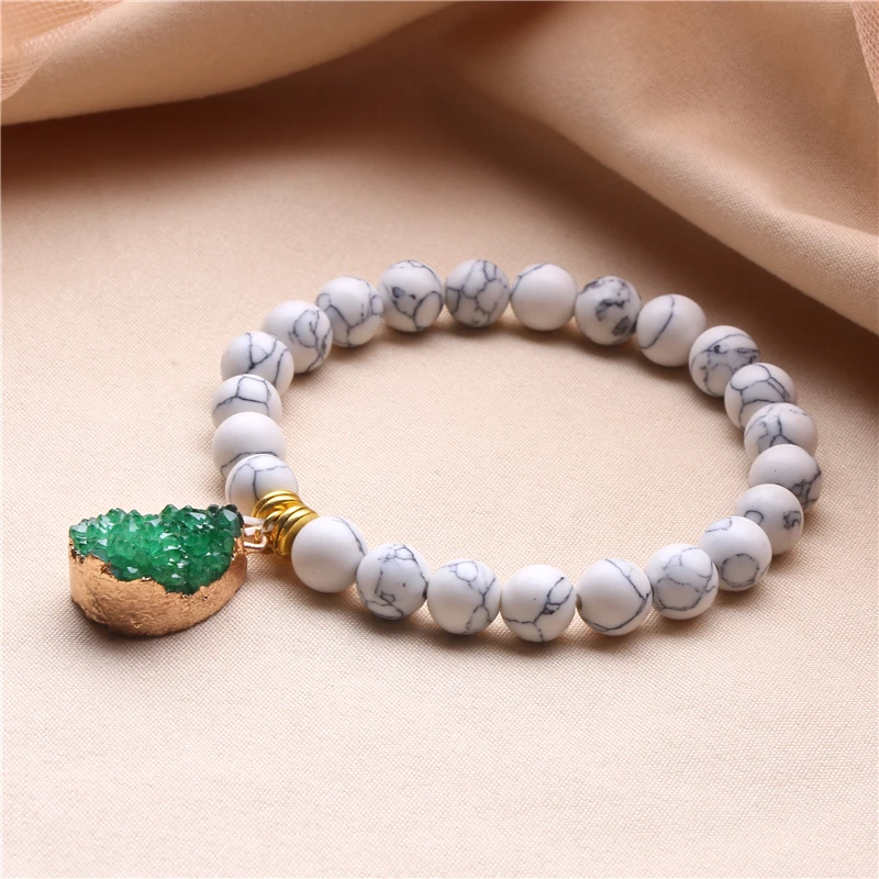 Druzy Agates Pendant Bracelets Women Natural 8 mm Smooth White Turquoises Beads Bracelets For Girls Friendship Bracelet Jewelry