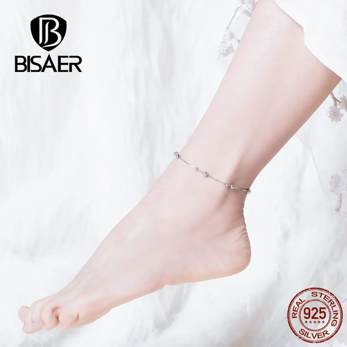 BISAER 100% Стерлинговое Серебро 925 пробы ножной браслет круглые Шаровые Подвески