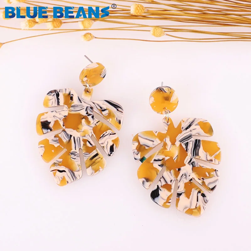 Серьги с листьями для женщин, акриловые, Boho, ацетат, модные, многоцветные, геометрические, большие, висячие, свисающие, серьги из смолы, массивные