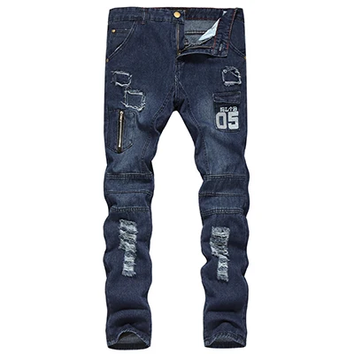 navy blue ZYFG free, мужские Модные Повседневные джинсы, индивидуальная молния, с дырками, декорированные джинсы, молодежные, полная длина, джинсы, брюки для мужчин, большой размер - Цвет: navy blue