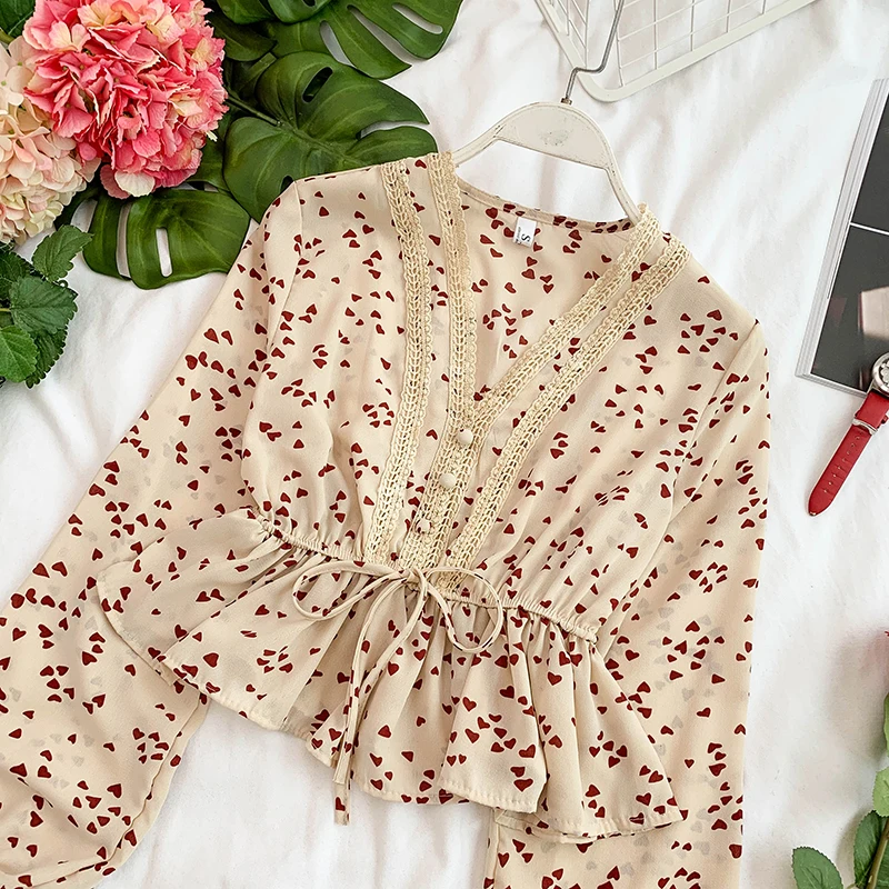 2019 Новая модная женская блузка рубашка любовь свежий лист лотоса качели талии с