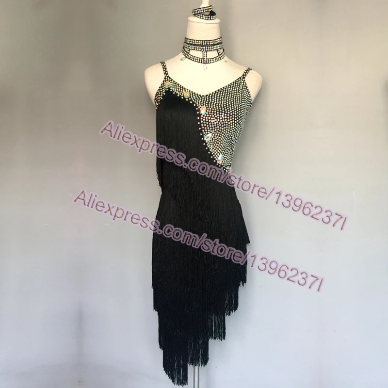 

Женское платье для латиноамериканских танцев, черное платье с кисточками для латиноамериканских танцев