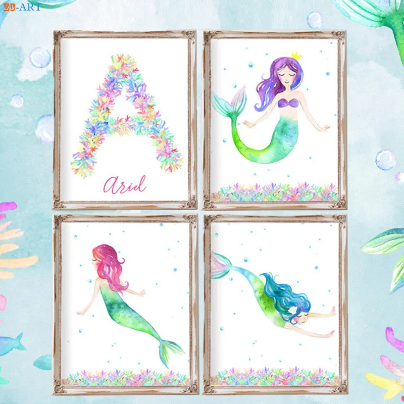 Cartoon Mermaid Canvas Painting Poster Print for Nursery Wall Art in Little Girls Room or Kids Bathroom Home Decor image 2
