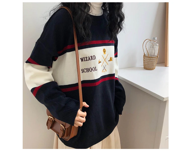 Woherb женский корейский Harajuku полосатый свитер женский пуловер Kawaii Ulzzang вышивка джемпер одежда для женщин 22873