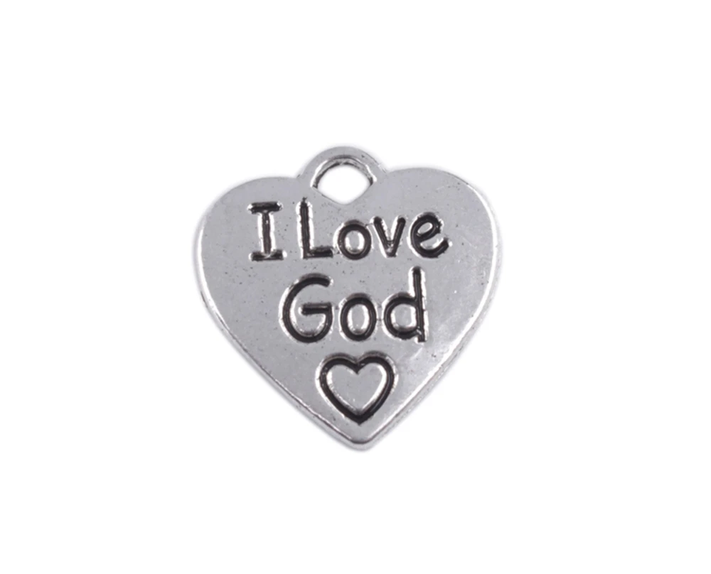 

60PCS Tibetan Silver Color I Love God Word Heart Charms Pendants A36244