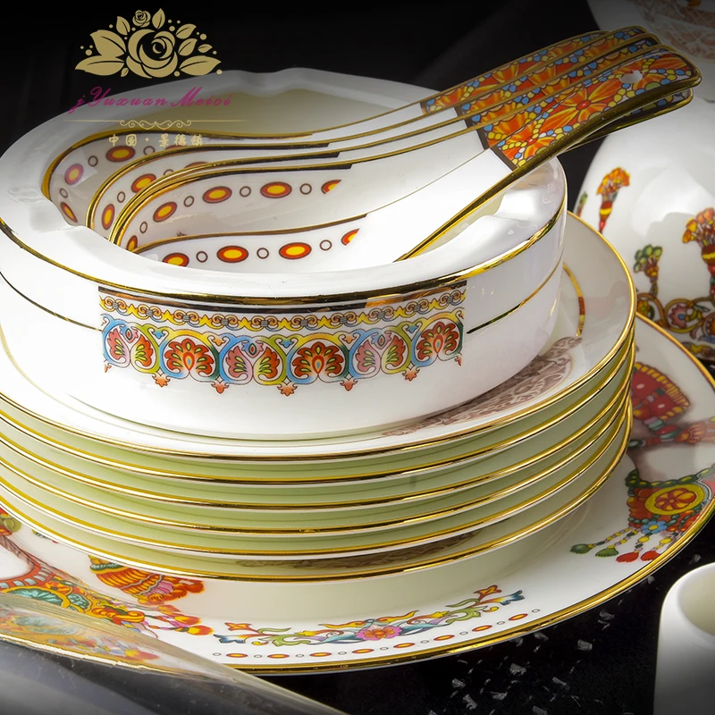 Guci European bone china tableware sets 80pieces high-end household bowls luxurious Phnom Penh Jingdezhen gift porcelain | Дом и сад