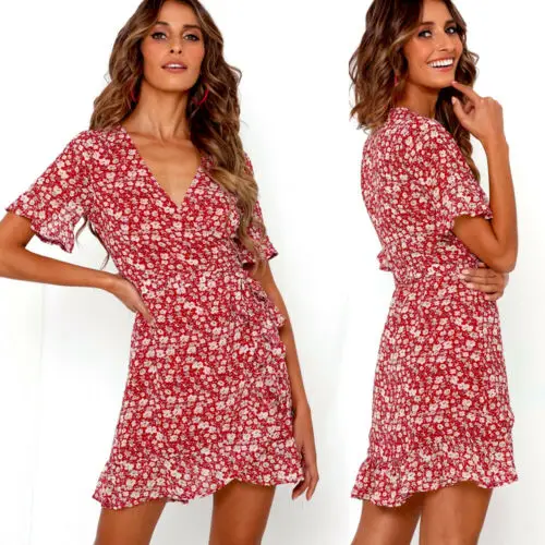 Женское Короткое платье-мини с цветочным принтом Boho пляжный сарафан для отдыха