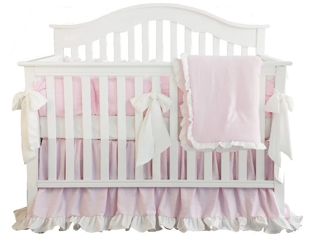 

3pcs Pear Pink Blush Coral Pink Ruffle Crib Bedding Set linen kit cotton for Baby Girl include Pillowcase Bed Sheet Quilter