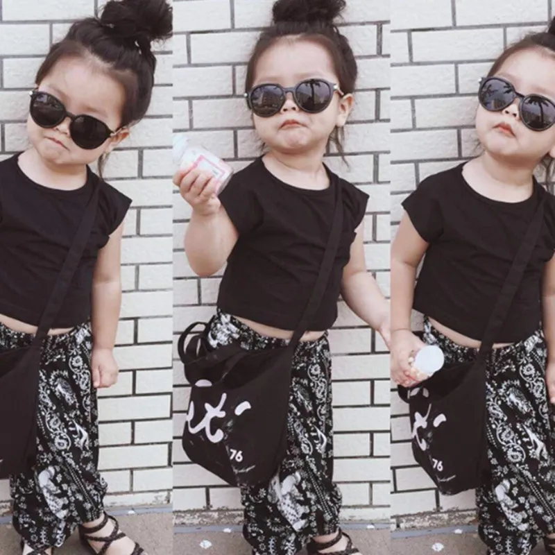 INS Ребенок Магазин Девочка Черная Футболка + Печать Пант (2 шт./компл.) Одежда Набор