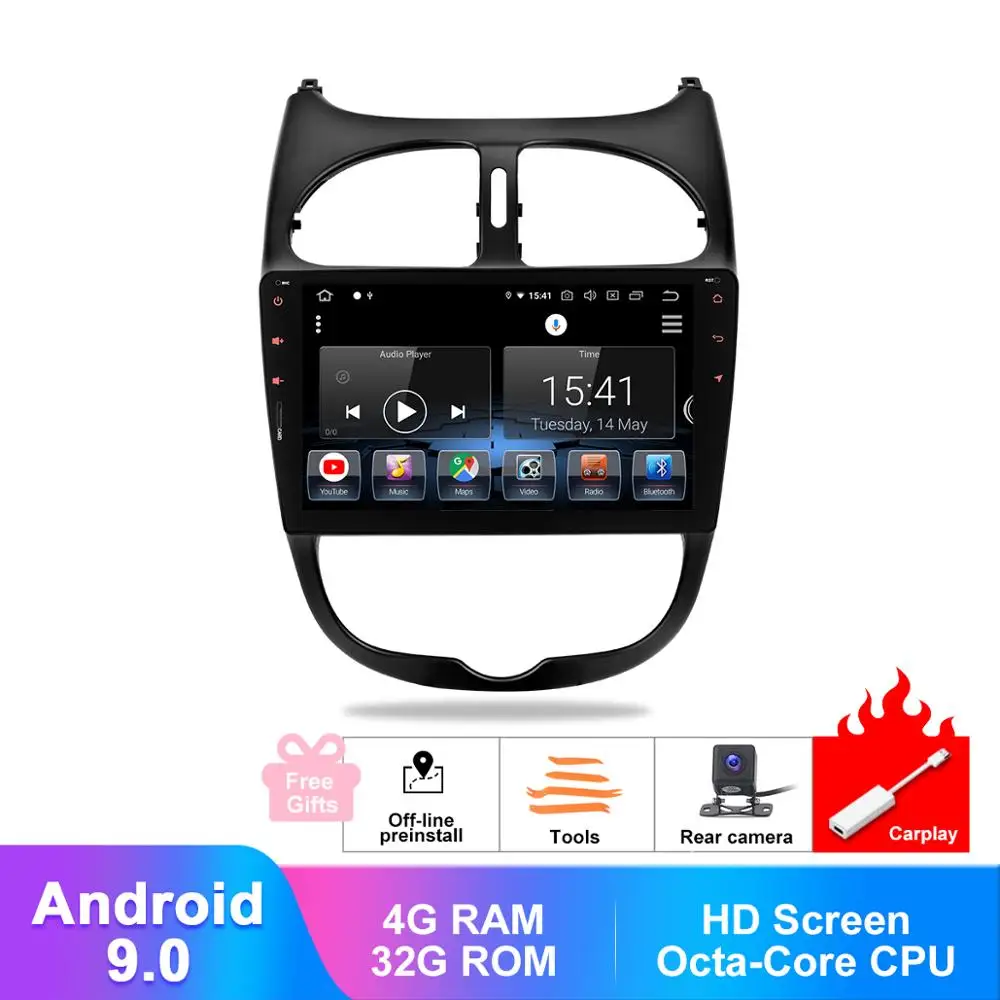 9 &quotips Android 0 автомобильный Стерео Авторадио для peugeot 206 2000 2016 FM Аудио Видео CarPlay wi fi
