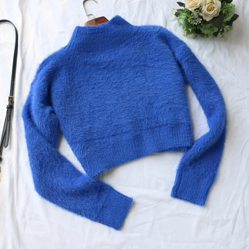 Flectit Blue Yellow Womens Fuzzy Knit Crooped Jumper Sweater with NEWSBOY Graphic Crew Neck Long Sleeve Pullovers Sweaters | Женская