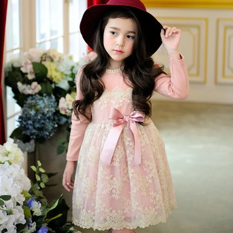 2019 Spring Toddler Kids Girls Dress Long Sleeve Pearls Lace Wedding Party Pageant Embroidery Dresses with Big Bow 4-7Y | Детская одежда