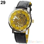 Классические мужские модные черные кожаные механические Спортивные армейские наручные часы со скелетом