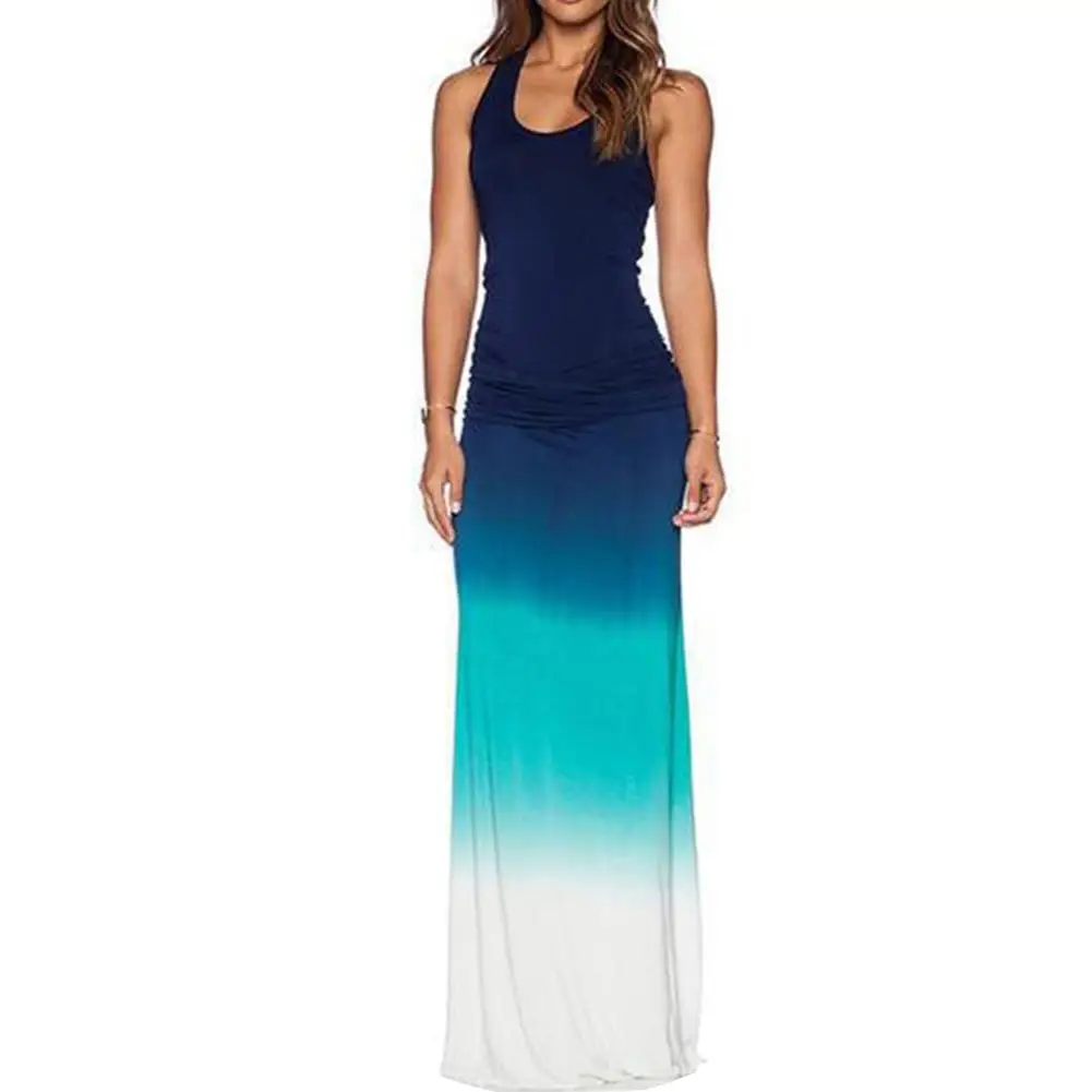 Fashion Dress Women Summer Autumn Beach Casual Sexy Gradient Backless Sleeveles Round Neck Long Dresses Plus Size | Женская одежда