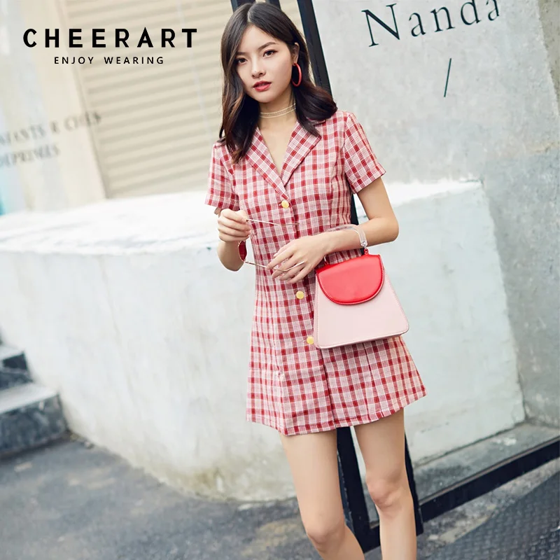 Cheerart Vintage Red Plaid Summer Dress Women Cotton Linen Button Up Lapel Bodycon Mini Robe Femme 2018 | Женская одежда