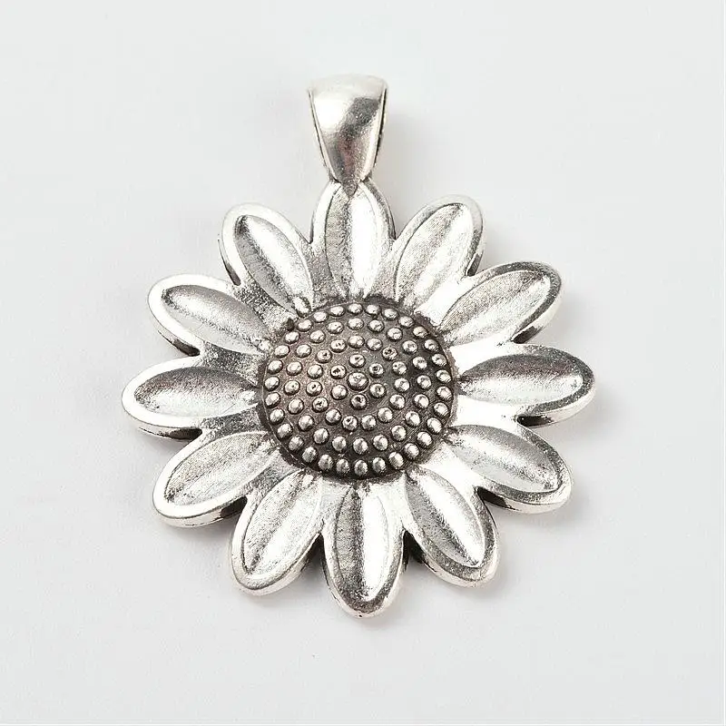 

Jewelry Findings Sun Flower Alloy Pendant Cabochon Settings and Half Round/Dome Clear Glass Cabochons, Antique Silver