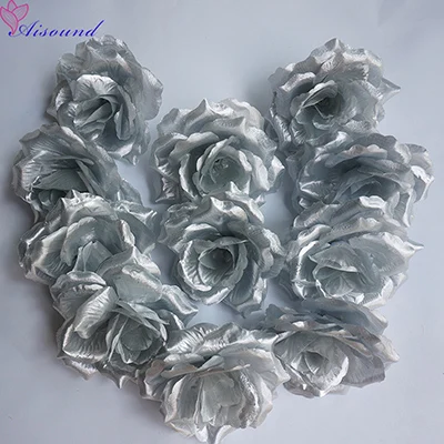 Silver 50 шт., 10 см, шелковые розы, серебряные и золотые цветы для свадебного украшения, декоративные цветы и венки, рождественские принадлежности - Цвет: Silver