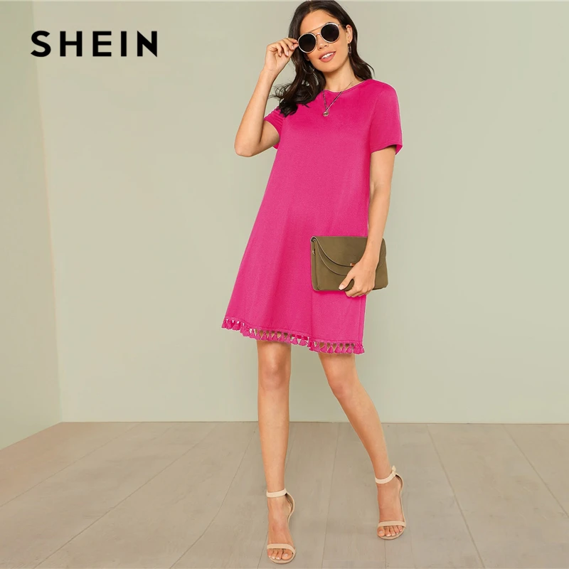 SHEIN женское летнее платье с бахромой и боковыми карманами,, цельное платье-туника с коротким рукавом