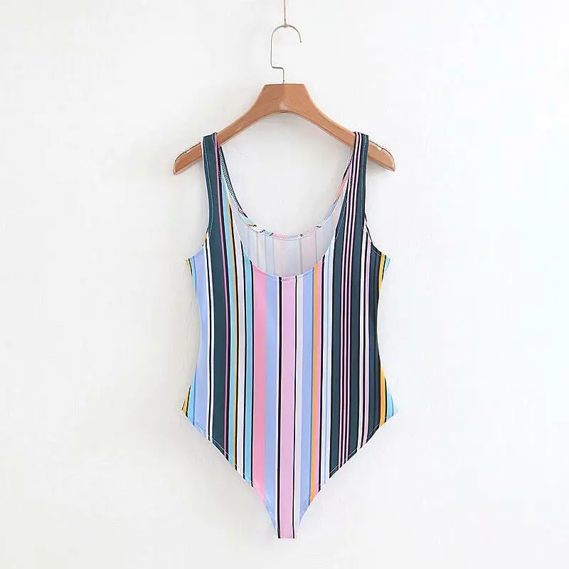 Летние пляжные Комбинезоны Сексуальная Винтаж Stripe Scoop neck боди Для женщин