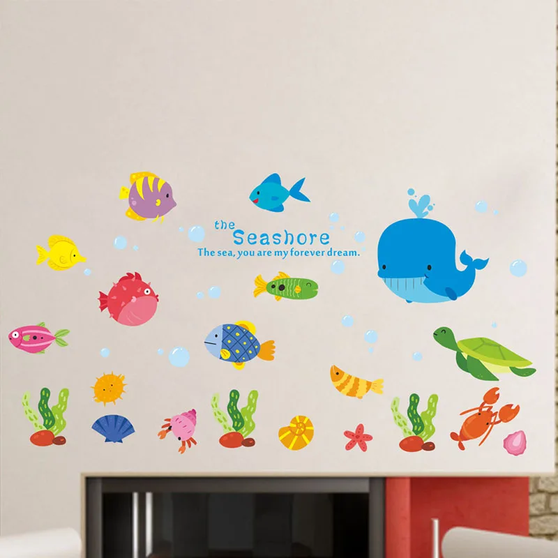 

Undersea Fish Whale Decorative Wall Stickers For Kitchen Room Decoration Bathroom PVC Seashore DIY Decor Characters Mural Decals