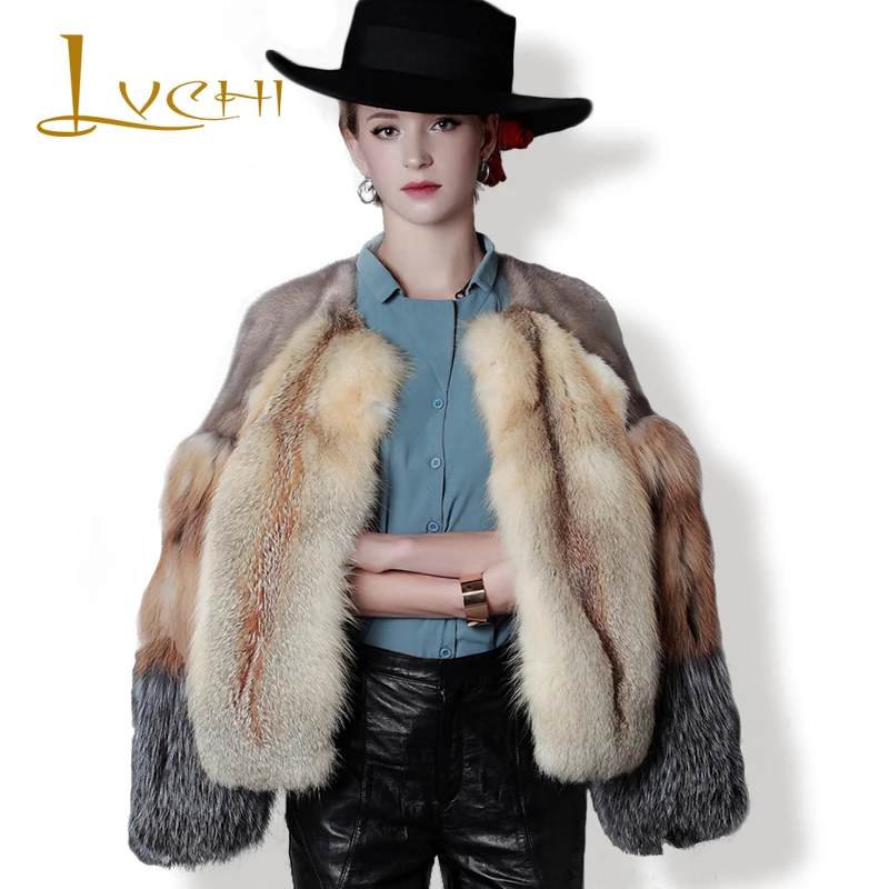 

LVCHI Ladies 2019 Winter Genuine Leather Fox Mink Patchwork Fur Jacket Coat Natural Color Fashion Warm Women Clothing Fur Coats