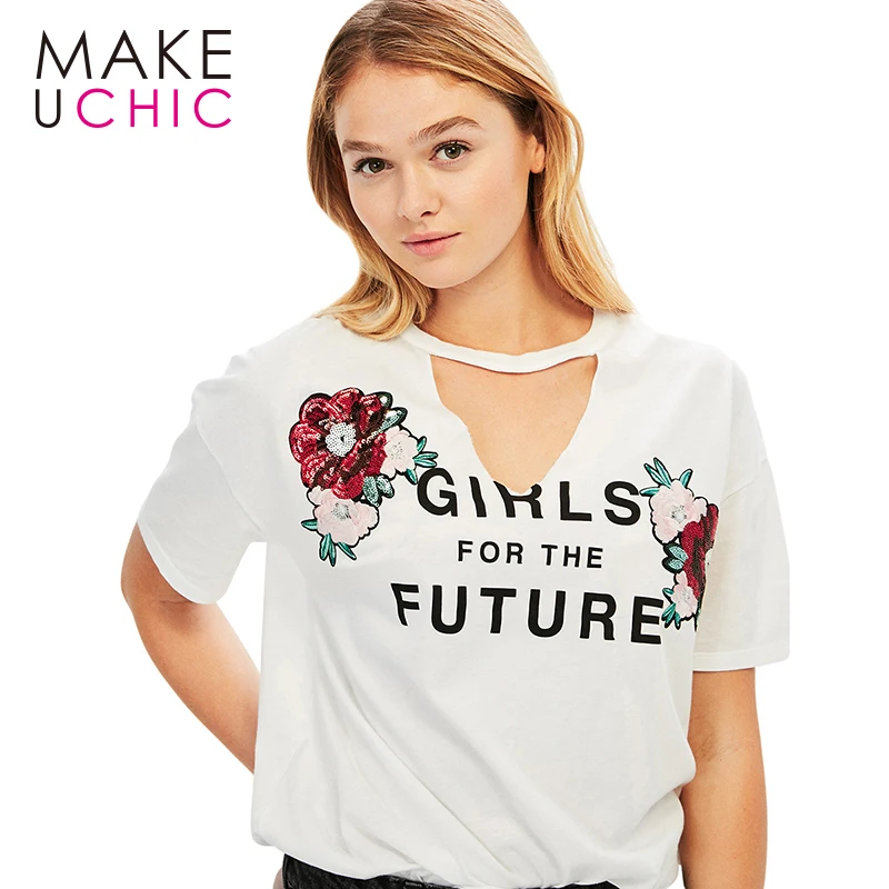 Makeuchic одежда Для женщин футболка Повседневное цветочный Вышивка Сексуальная